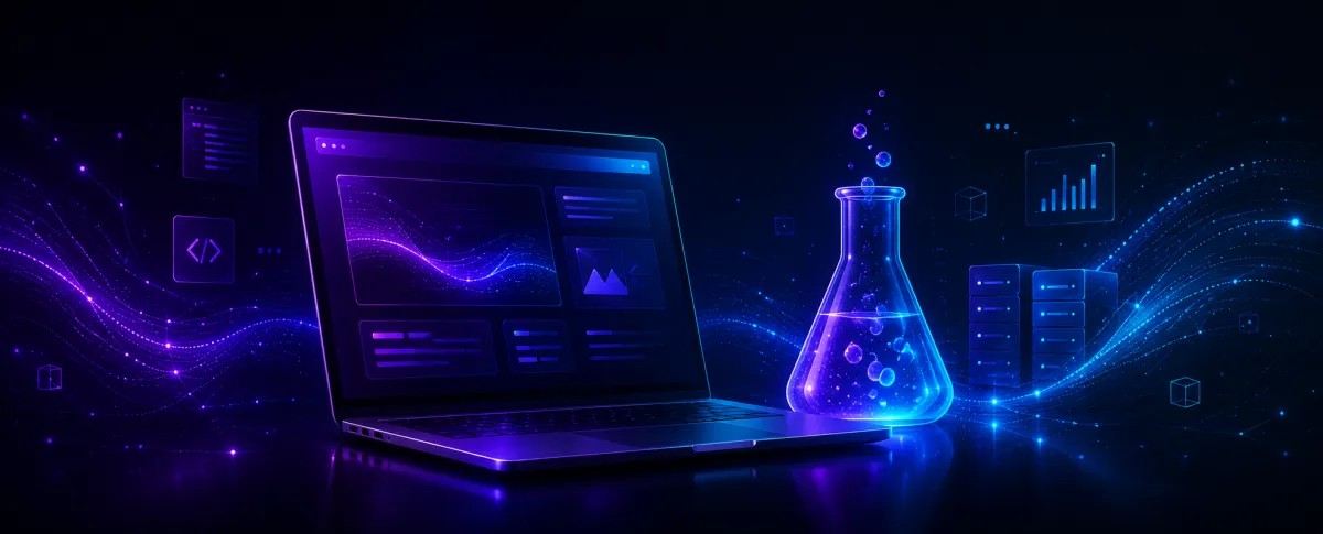 Custom website development illustration: a laptop displaying a data-driven website beside a glowing lab flask